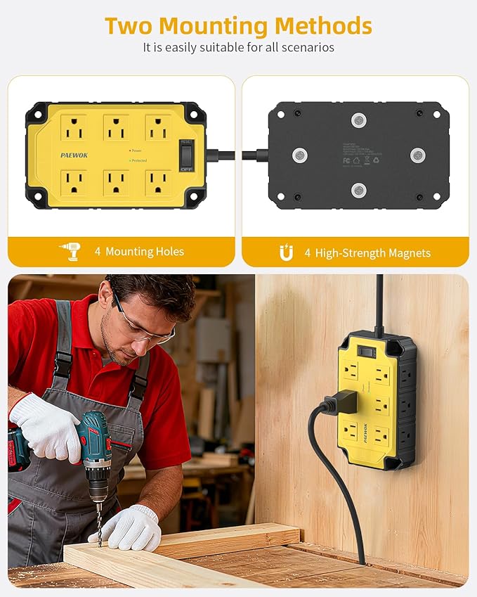 Heavy Duty Power Strip15 Amps/1200 Joules, 12 Outlets Industrial Magnetic Surge Protector, 6.5 FT Extension Cord for Industrial Shop Garage (Yellow)