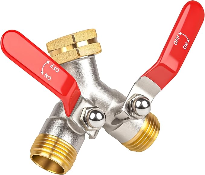 Hose Splitter 2 Way, High Flow Garden Hose Splitter, 3/4” Ght Inlet Brass Heavy Duty Hose Converter, water 2 Way Faucet hose splitter, Long Handle Hose Valve Large Outlet.