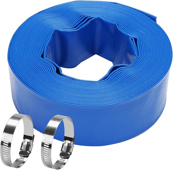 Lay-Flat Pool Backwash Hose - 2" x 50Ft Reinforced Heavy Duty PVC Discharge Hose Weather-Proof Vinyl Pool Drain Hose for Water Transfer with 2 clamps
