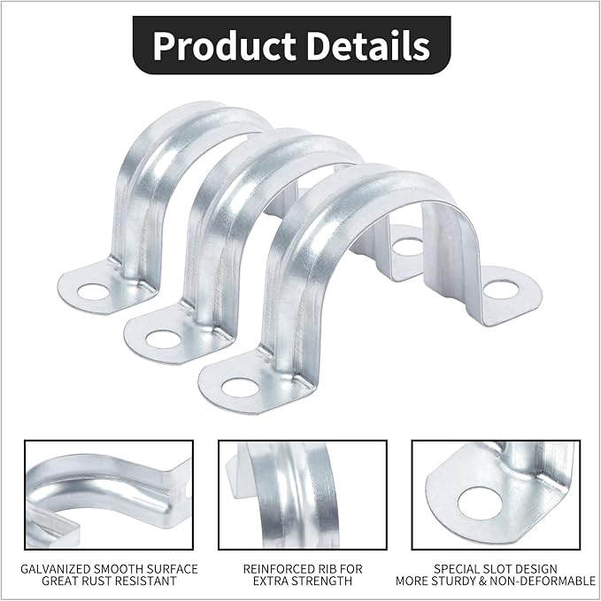 30 PCS 1-9/16 Inch Reinforced Rigid Pipe Strap, 2 Holes U Bracket Cable Clamp Hanger, Zinc Coated Tension Tube Clip, Conduits Strap Clamps for Pipe Fixing on Various Surfaces, 30 PCS(40 mm)