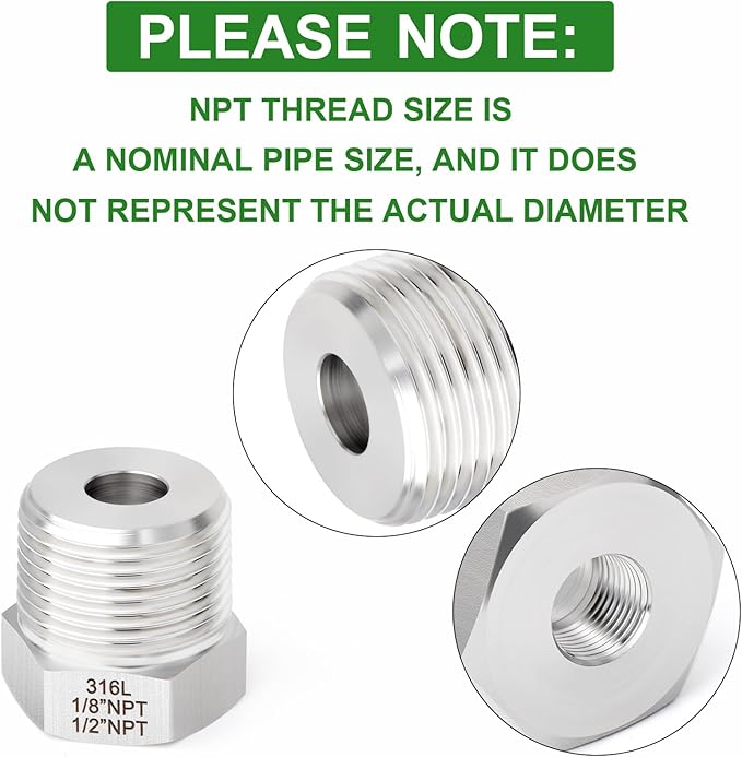 TAISHER 2PCS Forging of 316L Stainless Steel Reducer Hex Bushing, 1/2" Male NPT to 1/8" Female NPT, Reducing Forging Pipe Adapter Fitting