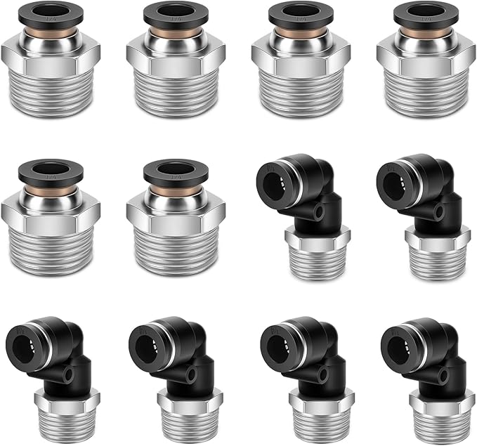 12 Pcs Push to Connect Fittings 1/4 Inch Tube OD x 3/8 Inch NPT Thread Pneumatic Male Straight and Elbow Quick Connect Air line fittings