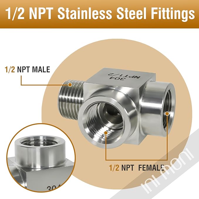1/2 NPT tee pipe fitting male run tee, 3 ways T adapter stainless steel t connector, female x female x male threaded pipe adapter for pressure gauge fuel line, 4350 psi