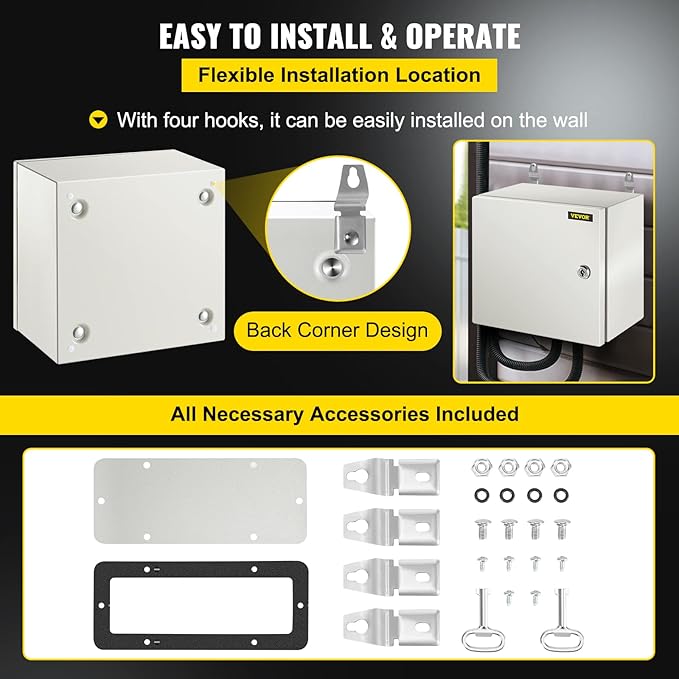VEVOR NEMA Steel Enclosure 12×12×8,NEMA 4X Steel Electrical Box,IP66 Waterproof & Dustproof,Outdoor/Indoor Electrical Junction Box,with Mounting Plate