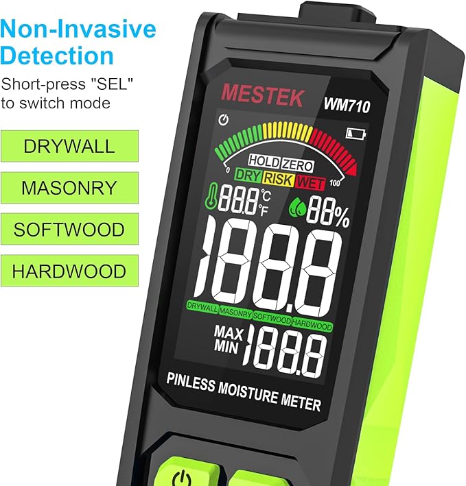 MESTEK Pinless Wood Moisture Meter - Digital Moisture Detector for Lumber Drywall Firewood Masonry Woodworking Plaster Floor Concrete Building, Moisture Reader and Tester with LCD Display & Audible
