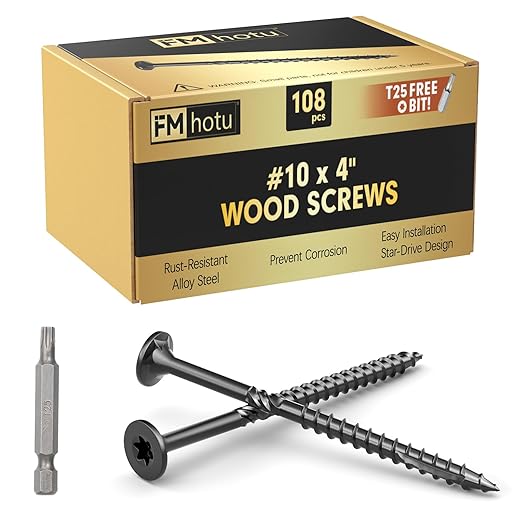 #10 x 4” Deck Screws, 108Pcs Star Drive Wood Screws, Rust Resistant Timber Screws for Timber/Log/Landscaping Wood, T25 Star Bit Included, Black
