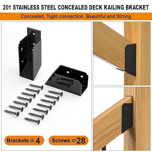 30° Stair Angle Stainless Steel Deck Railing Brackets Connectors for 2"x4" (Actual 1.5"x3.5") Railing Wood Post Stair Fence Railing Connectors with Coated Wood Screws,(2 Pair/Black)