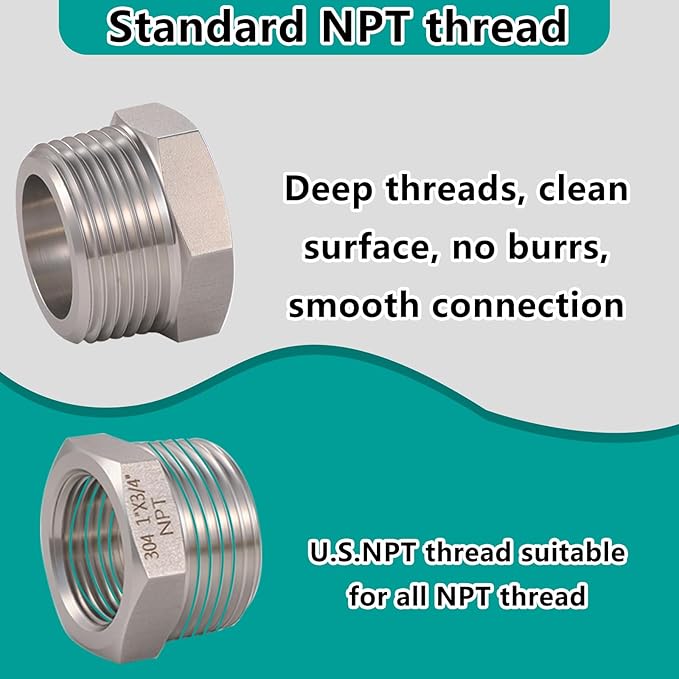 2 Pcs 1" Male NPT to 3/4" Female NPT Reducer Hex Bushing，304 Stainless Steel Pipe Fitting Hex Bushing, Heavy Duty Pipe Fitting Reducer Adapter