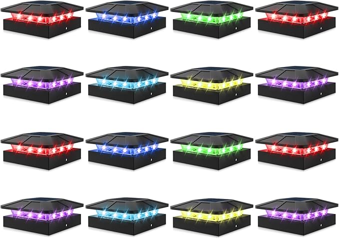 Peasur 4x4 Solar Post Cap Lights RGB Color Changing, 16 Pack Outdoor LED Fence Light Solar Powered Waterproof, Wood/Vinyl Posts Top Lighting for Outside Deck Yard Garden Patio