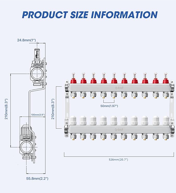 ABST PEX Manifold,10 Loop Stainless Steel Floor Radiant Heat Manifold Kit with 1/2" Adapters Included for Hydronic Radiant Floor Heating