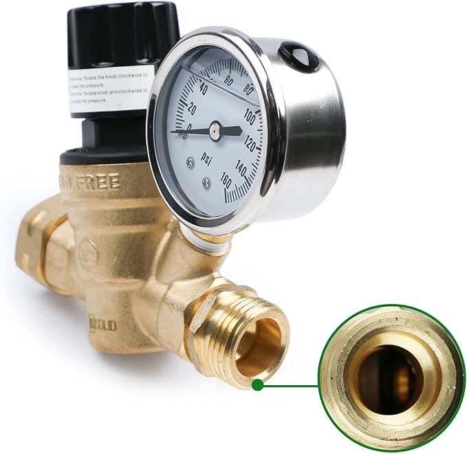 U.S. Solid 3/4" GHT RV Water Pressure Regulator, Handwheel Adjustable Lead-Free Brass Regulator Valve with Gauge & Filter for RV, Camper & Garden Hose