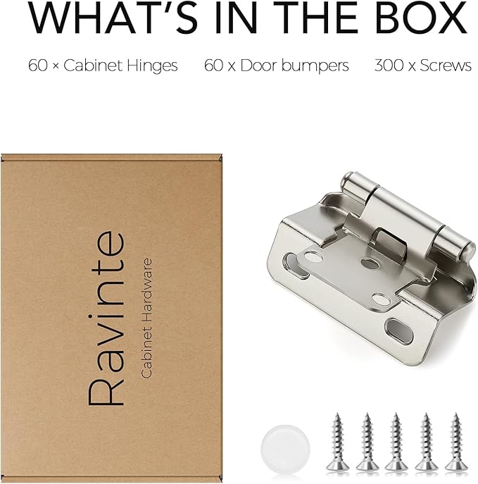 Ravinte 60 Pack 30 Pairs Semi-Overlay 1/2 inch Self-Closing Face Frame Cabinet Hinges Satin Nickel Half Wrap-Around Kitchen Cabinet Door Hinges Face Mount Cabinet Hardware