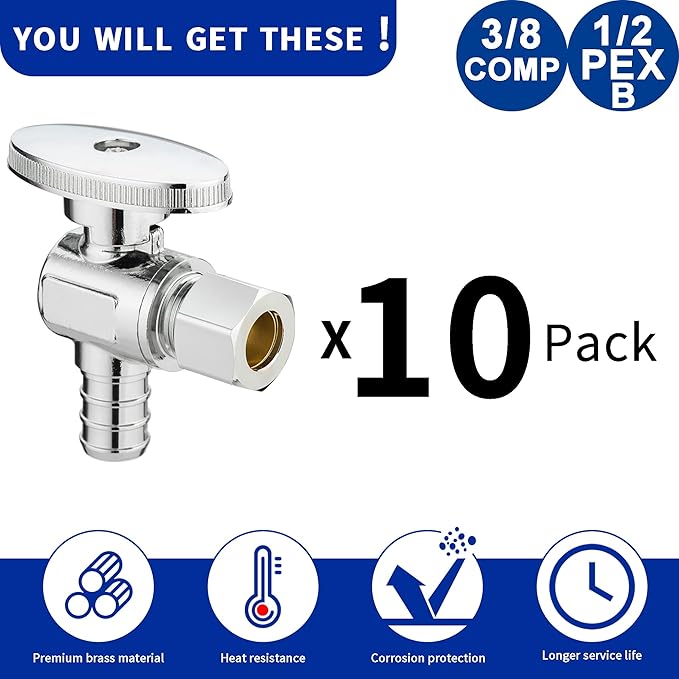 (10 Pack) Lidertik 1/2 inch Crimp PEX-B Angle Stop Valve 1/2 inch x 3/8 inch Compression for Water Toilet Bathroom Sink Brass Plated Chrome 1/4 Turn Valve LI-JF1-1807-A(10 PCS)