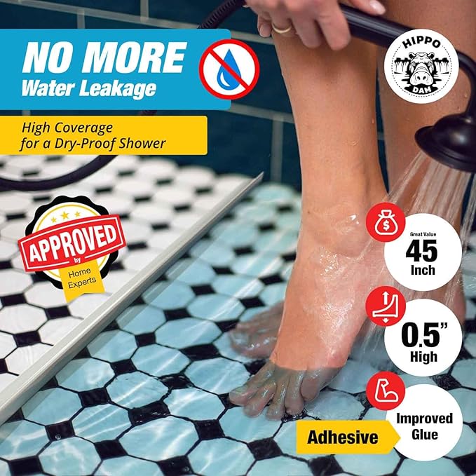 Shower Threshold Water Dam Barrier 45" - White Collapsible Shower Water Blocker - Guard for Walk in Shower - Water Guard Stopper for Floor - Shower Door Water Blocker by Hippo Dam