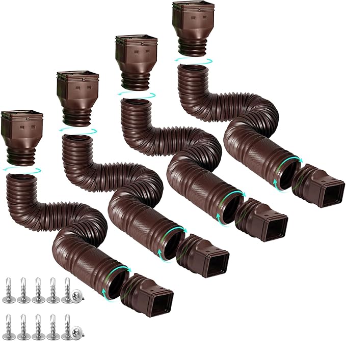 4 Pack Rain Gutter Downspout Extensions Flexible, Drain Downspout Extender,Down Spout Drain Extender, Gutter Connector Rainwater Drainage,Extendable from 21 to 68 Inches(Brown)