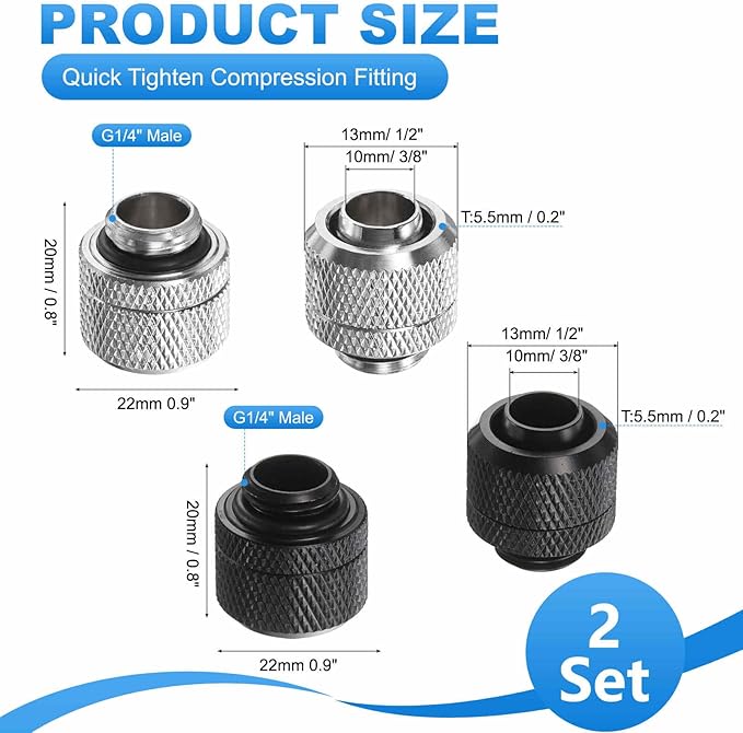 2-Pack G1/4" Thread 3/8 in ID 1/2 in OD Quick Tighten Compression Fitting - Durable Hard Tubing Compression Fitting for Soft Tubing, Computer Water Cooling System, Black, Silver