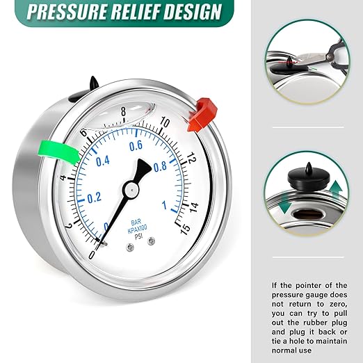 0-15psi Stainless Steel Glycerin Liquid Filled Pressure Gauge 1/4" NPT 2.5" Face Dial Center Back Mount, for Water, Oil and Air Pressure Testing (with Range Mark Pointer)