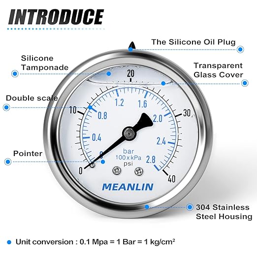 MEANLIN MEASURE 0~40Psi Stainless Steel 1/4" NPT 2.5" FACE DIAL Liquid Filled Pressure Gauge WOG Water Oil Air, Cencter Back Mount, with 1/2" NPT and 3/8" NPT Hex Bushing