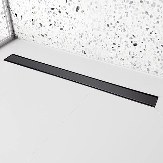 36 inch Linear Shower Drain with Removable Square Hole Panel by Using 304 Stainless Steel Process, Linear Drain Equipped with Adjustable Feet and Hair Strainer（Matte Black Color）