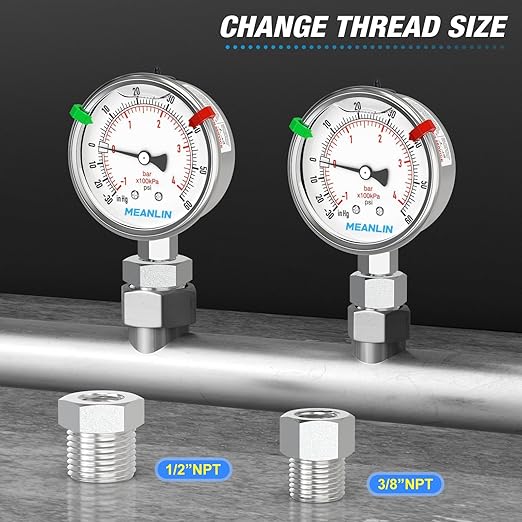 MEANLIN MEASURE -30inHG~60Psi Vacuum Pressure Gauge 316 Stainless Steel Joint 1/4"NPT 2.5"FACE DIAL, Liquid Filled Pressure Gauge WOG Water Oil Air Lower Mount with Stainless Steel Hex Bushing, Snaps