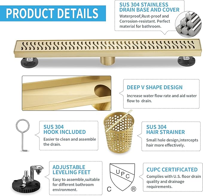Linear Shower Drain 48 inch, Floor Drain with Removable Pattern Grate, 304 Stainless Steel Rectangular Linear Drain with Hair Strainer, CUPC Certified, Brushed Gold, SD-103
