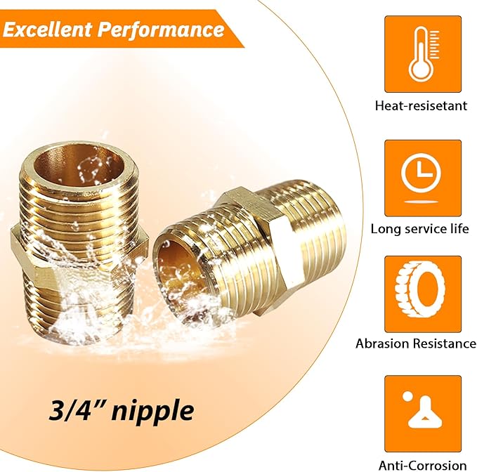 2PCS Hex Brass Nipple 3/4" NPT Male X 3/4" NPT Male Pipe Fitting 3/4 inch Brass Nipples Male Pipes Adapter Fittings Heavy Equal Nipples Connectors