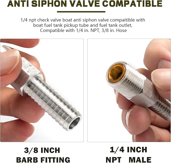 Marine Anti Siphon Valve Replacement for Boat Fuel Tank Pickup Tube to Prevents Fuel Theft and Fuel Spillage of Gas Tank Outboard, with 1/4" NPT, 3/8" Hose for Marine Fuel Tank Valve - Aluminum 2 PCS
