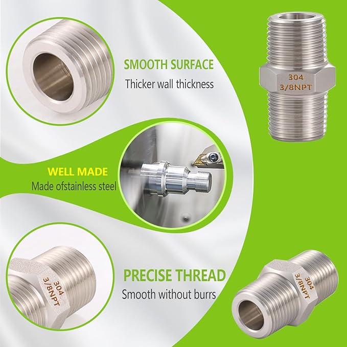 2PCS Hex Nipple 3/8" x 3/8" Male Pipe Fittings, 304 Stainless Steel 3/8 inch NPT Threaded Pipe Adapter Fittings, Male Straight Connector Pipe Fitting