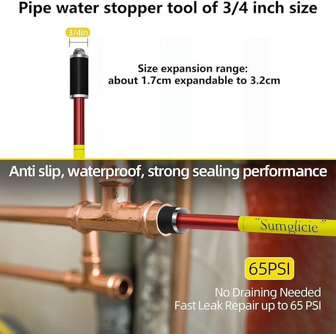 Plumbing Plug Tool, Water Stopper for Pipes 3/4" PVC Copper Steel Pipe, expansion range 1.7 to 3.2cm, No Draining Needed Fast Leak Repair up to 65 PSI, with replacement gaskets nuts EPDM Kit