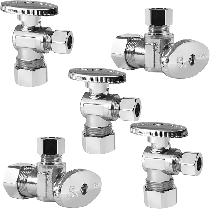 HeSun 5-PCs Pex Angle Stop Valve, 1/2" Nominal (5/8"OD) Compression x 3/8" OD Compression, 1/4 Turn Shut Off Valve for Bathroom,PEX Chrome Plated Brass