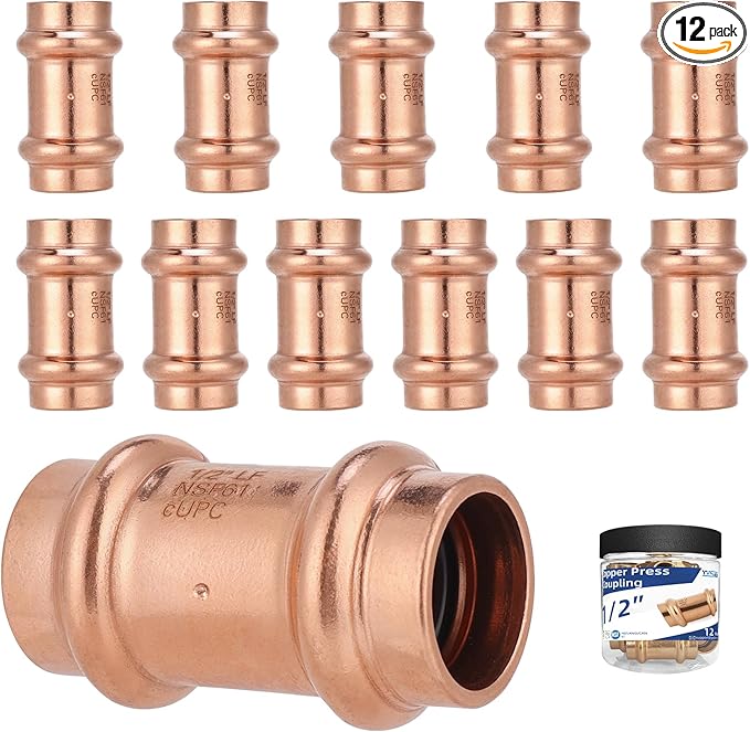 (12 Pack YVSKM) 1/2" Press Coupling with Stop, Lead-Free Fittings for 1/2 Inch Copper Pipe, Durable No-Solder Connection for Water, Heating, and Cooling Systems, Corrosion-Resistant Pipe Connector