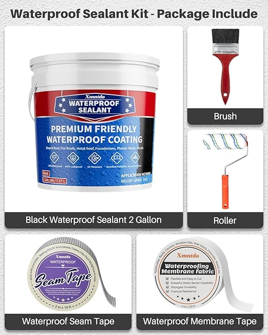 Liquid Water Proof Sealant Coating, 2 Gallon, Roof Leak Repair Coating Black, Water-Based Rubber Waterproof Sealant, Polyurethane Waterproof Coating for Roofs, Foundations, Basements