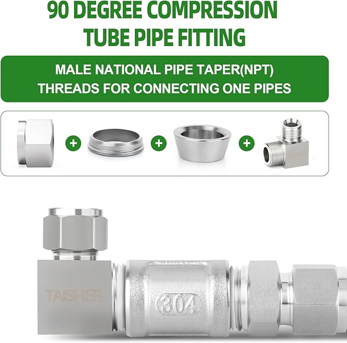 TAISHER 5PCS 304 Stainless Steel Square 90 Degree Compression Tube Pipe Fitting Connector, 1/4" Tube OD x 1/8" NPT Male Adapter