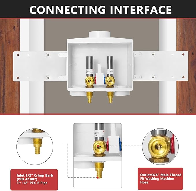 EFIELD Two Drain Washing Machine Outlet Box, 1/2-inch Barb Crimp Pex F1807, Single Control Valve, Stainless Steel Water Hammer Arrestor,(WM017)