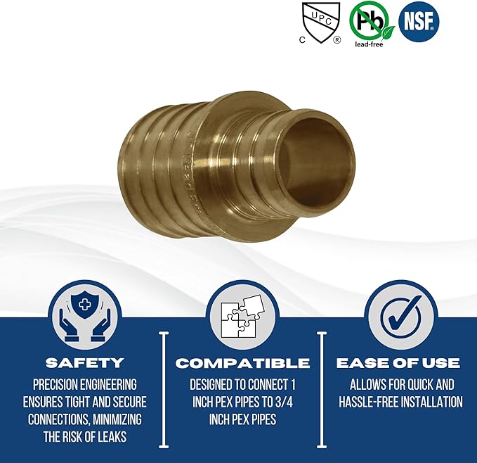 XFITTING 5 Pcs Pex Coupling, 1 Inch x 3/4 Inch, Brass, Coupling, Pex Pipe Fitting
