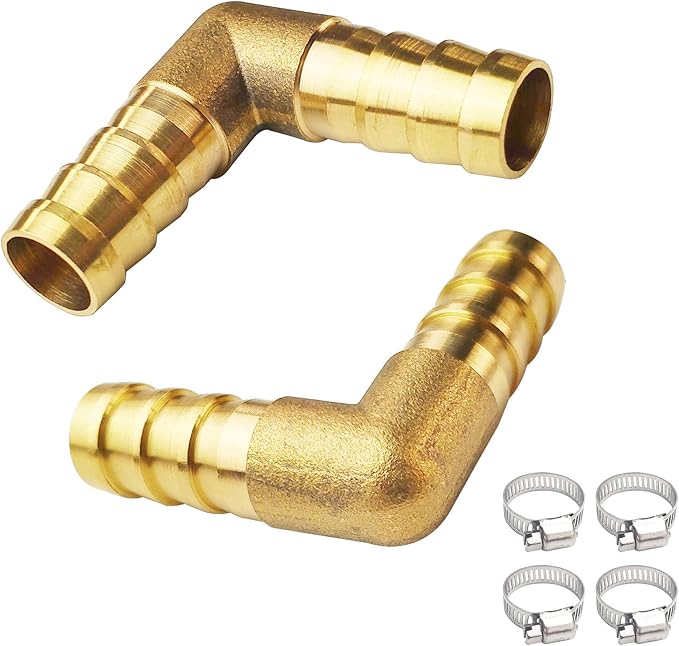 2PCs 1/2" Brass Hose Barb Fitting 90 Degree Elbow Barbed Splicer Mender Union Fitting with 4PCs Hose Clamp for Oil Water Air