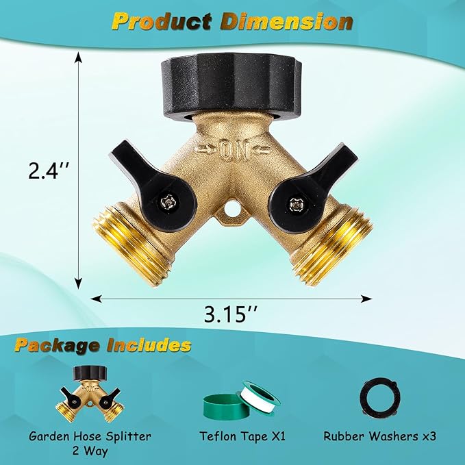 Dalmbox Garden Hose Splitter 2 Way, Y Connector Brass Garden Hose Adapter, Water Hose Splitter, Double Shut Off Valve, Includes 3 Rubber Washers & Teflon Tape(1 pack)