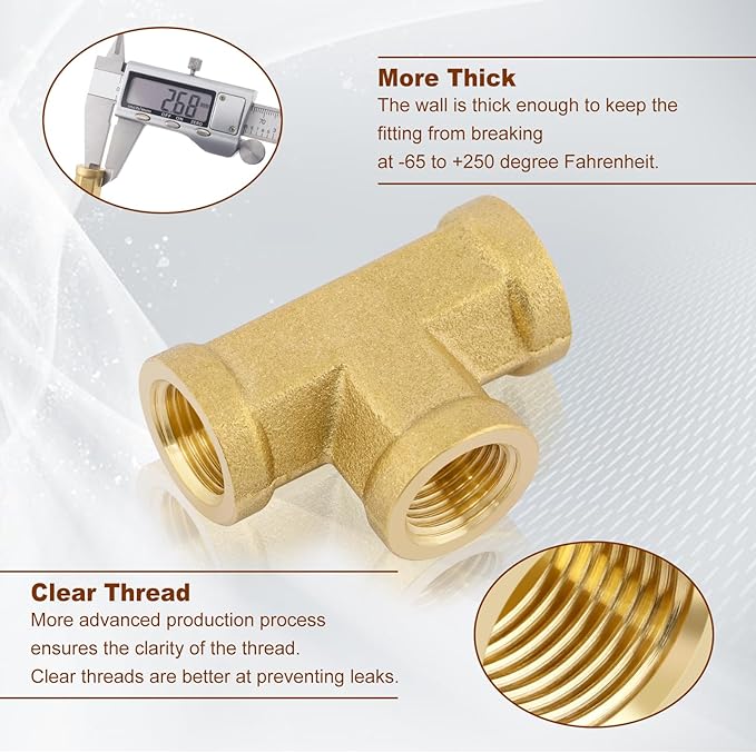 2pcs 1/8" Brass Tee Fittings 1/8" NPT Female Pipe to 1/8" NPT Female Pipe to 1/8 Inch NPT Female Brass Barstock Street Tee Pipe Fittings 3 Way Forged Brass Fittings