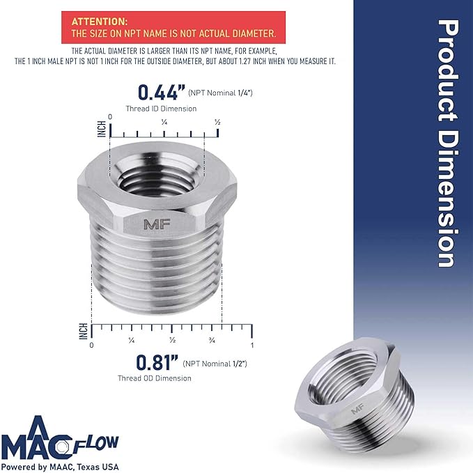 MAACFLOW Stainless Steel 1/2" Male NPT to 1/4" Female NPT Adapter Reducer Hex Bushing (Thread OD 0.81" - ID 0.44") (pack of 2)