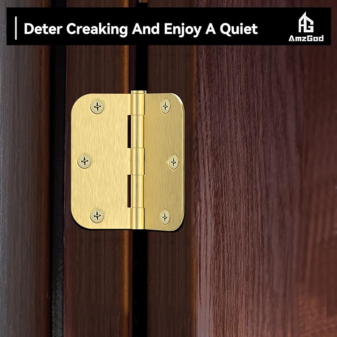 Door Hinges Satin Brass -18 Pack Gold Door Hinges 3.5 Inch Rounded Interior Door Hinge with 5/8" Radius - 3 1/2 Inches Flat Iron Brass Hinges for Residential Standard Doors