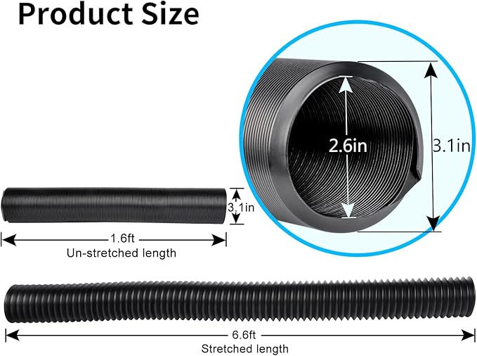 Extra Extension Flexible Pipe for Ours 3.1" OD Downspout Extender, 2.6 inches ID, 3.1 inches OD, Stretched Length 6.6ft, Black