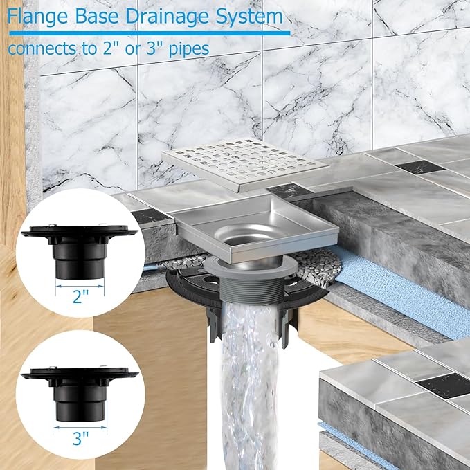 6 Inch Square Shower Floor Drain with Flange,Quadrato Pattern Grate Removable,Food-Grade SUS 304 Stainless Steel,Brushed Nickel