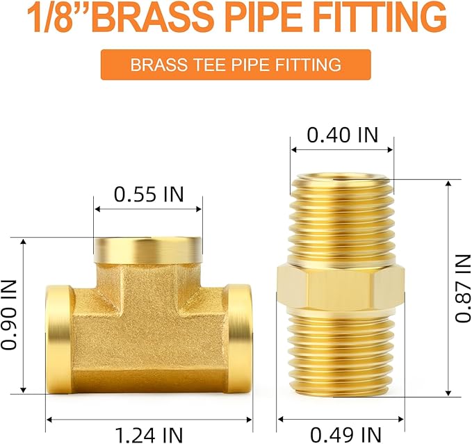 GASHER 4PCS Brass Tee Pipe Fittings, 1/8" NPT Female x 1/8" NPT Female x 1/8" NPT Male Pipe Fittings, Male Run Tee