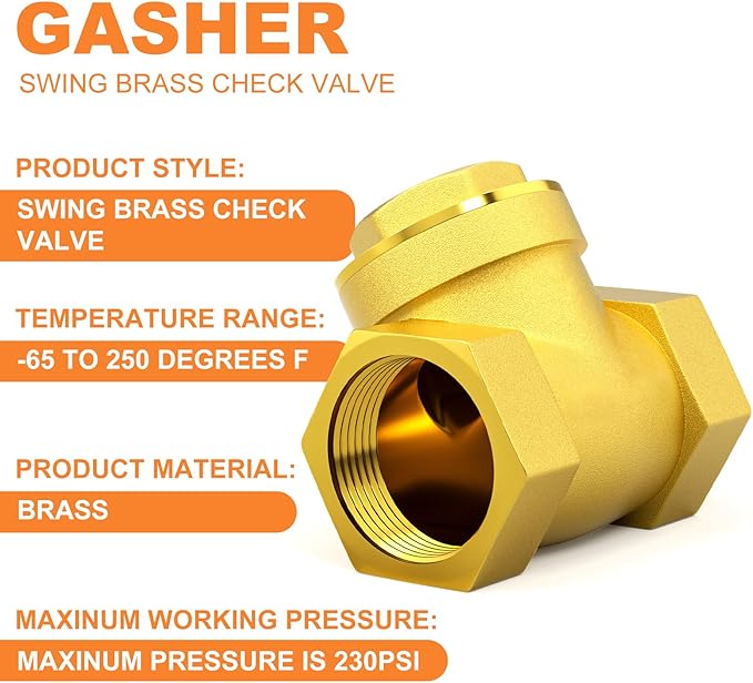 GASHER 1PC Swing Brass Check Valve DN65 2-1/2" Female Thread, Backflow Prevention, One Way Check Valves for Sump Pump and Air Compressor, Gas Air Fuel Oil Water