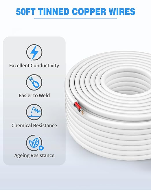 NAOVEO 14 Gauge Wire 2 Conductor Electrical Wire, 14 AWG Stranded PVC Tinned Copper Cable, Flexible/Low Voltage Automotive Wiring for LED Lamps, Marine, Speaker, Appliances (50FT)