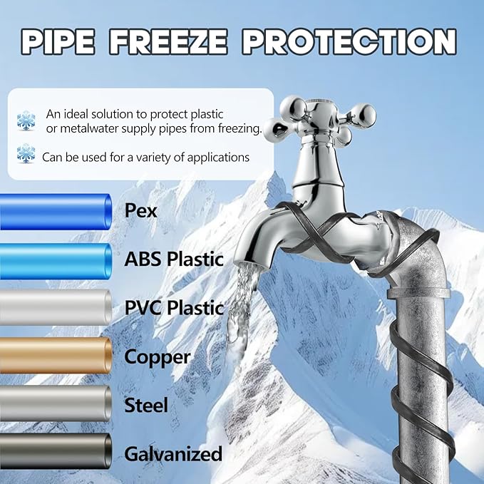 100FT(3FT~200FT) Heat Tape for Water Pipes, -40°F Deicing Heating Cable, Freeze Protected Water Pipe Heating Cable, Heated Water Hose, Plumbing Fixtures, 120V 5W/ft Plumbing Fixtures