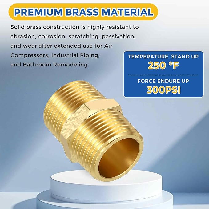 6 Pack Brass Pipe Fittings, 3/4" Male NPT to 3/4" Male NPT Brass Hex Nipple, Male Pipe Adapter Reducer for Air, Oil, LP