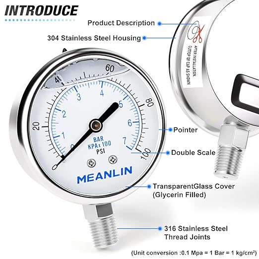 MEANLIN MEASURE 0~100Psi Liquid Filled Pressure Gauge Stainless Steel with 316 Stainless Steel Joint 1/4" NPT 2.5" FACE DIAL for Well Pump Tire Water Pressure Tester Lower Mount
