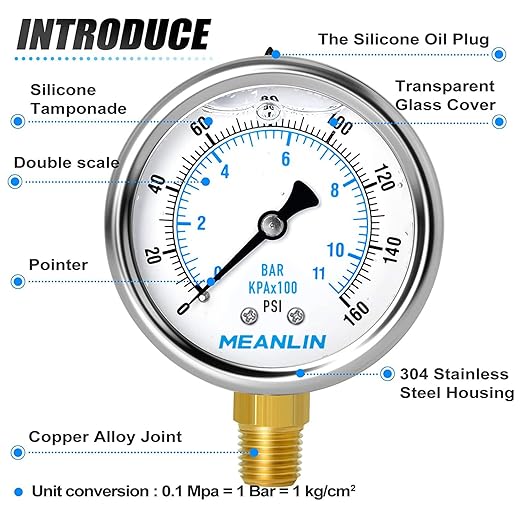 MEANLIN MEASURE 0~160Psi Stainless Steel 1/4" NPT 2.5" FACE DIAL Liquid Filled Pressure Gauge WOG Water Oil Air Lower Mount (Pack of 2), with 1/2" NPT and 3/8" NPT Hex Bushing