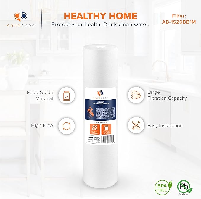 Aquaboon 1 Micron 20 x 4.5 Sediment Water Filter Replacement Cartridge | Whole House Sediment Filtration | Compatible with AP810-2, SDC-45-2005, FPMB5-20, P5-20, FP25B, 155358-43, 8 Pack